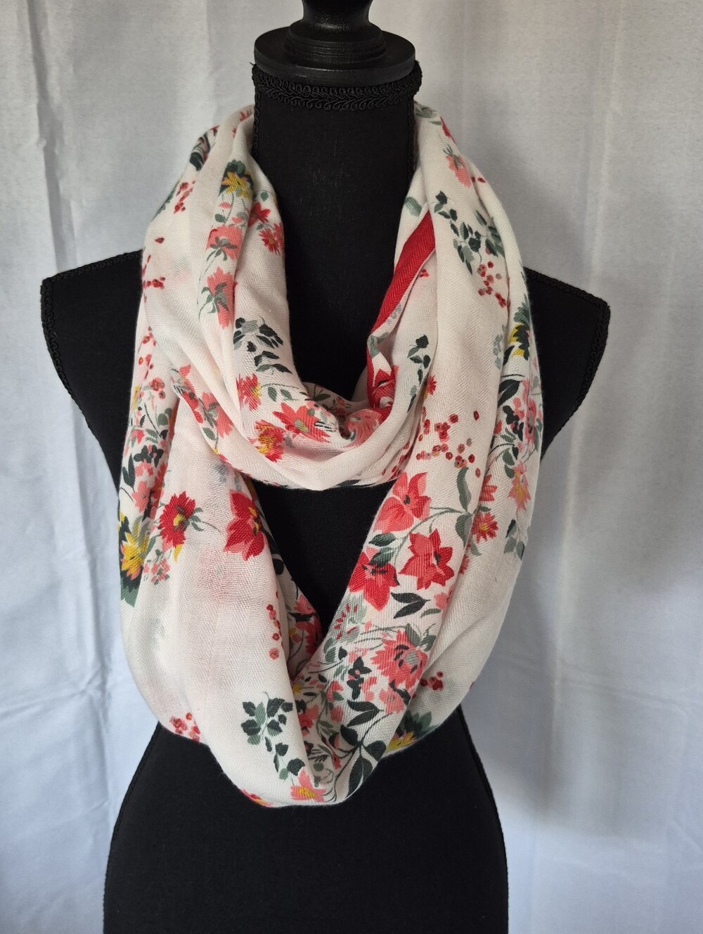 LOFT Cream Infinity Scarf with Red & Green Floral Print